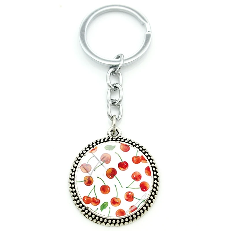 

JWEIJIAO Strawberry Cherry Pattern Glass Cabochon Keychain Round Glass Gemstone Pendant Keychain Metal Jewelry For Friends