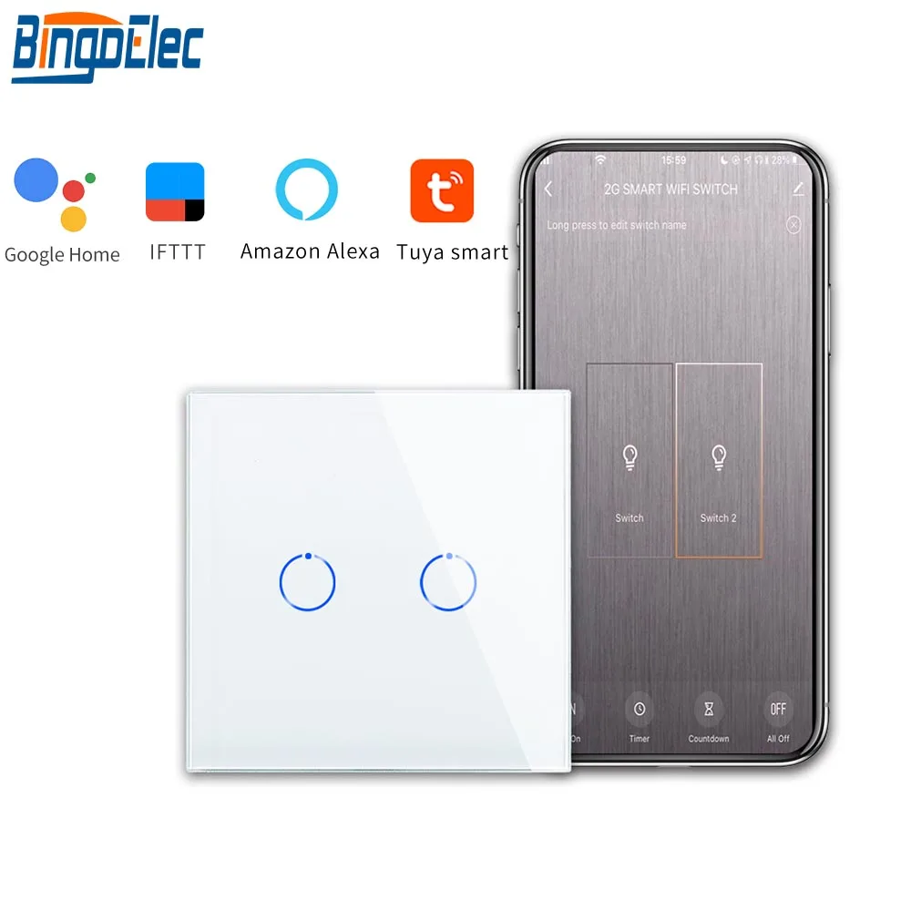 Сенсорный выключатель Bingoelec Европейский/Британский стандарт Wi Fi 2 клавиши 1 канал