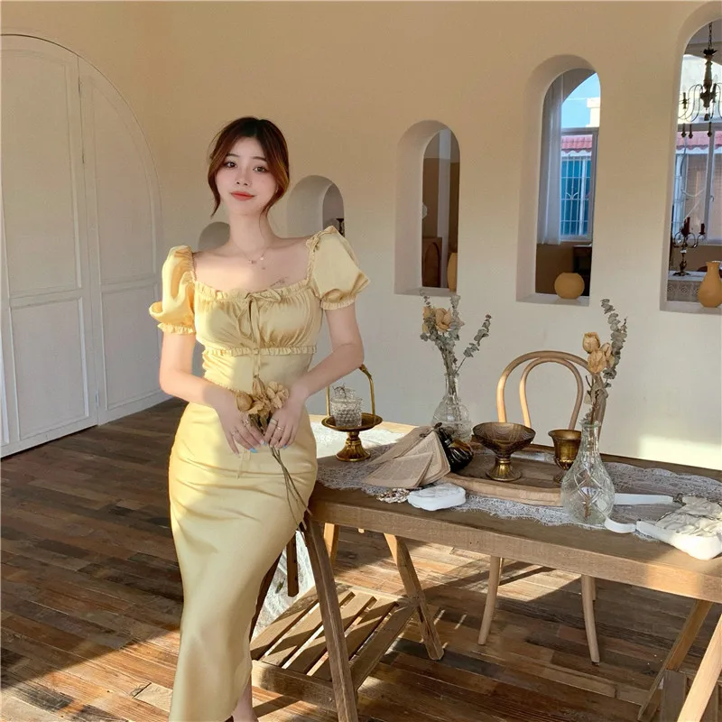 

Korejepo Women 2 Piece Set 2021 Summer New French Retro Elegant Slash Neck Puff Sleeve Short Slim Short-sleeved Shirt Long Skirt