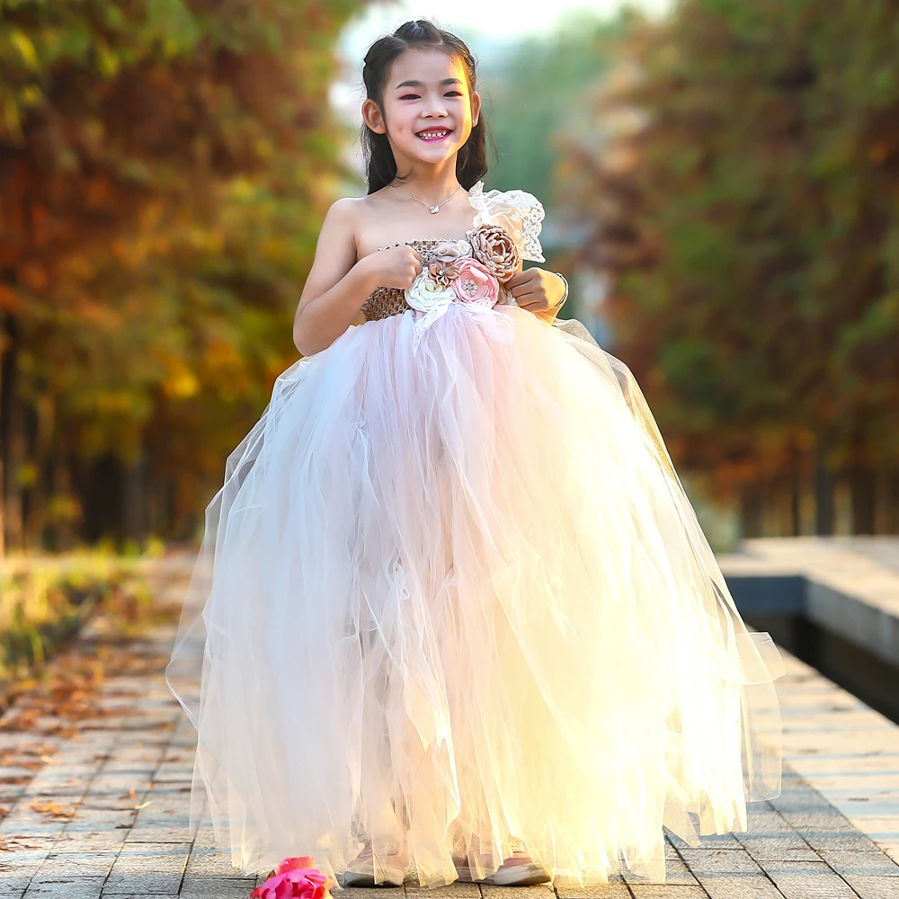 

One Shoulder Lace Flower Girl Tutu Dress Tulle Princess Dress for Girls Kids Wedding Birthday Party Dress Children Ball Gown