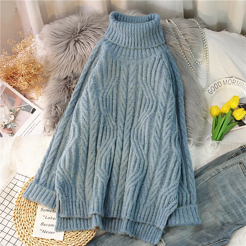 

EBAIHUI Women Sweater Turtleneck Pullovers Autumn Winter Solid Twist Long Sleeve Top Thick Warm Female Knitted Slits Chic Jumper