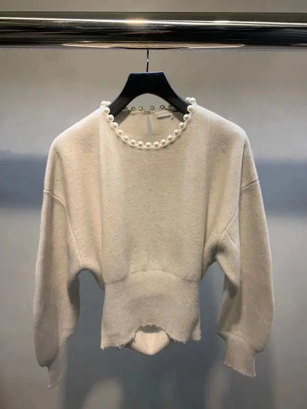 ZCSMLL 2021 Autumn Winter New Round Neck Pullover Vintage Fashion Pearl Wool Sweater Black Women Ins Tide | Женская одежда