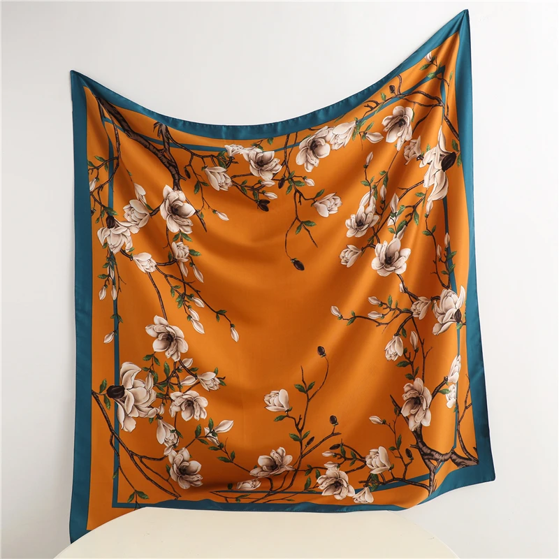 2022 саржевый квадратный шарф Хиджаб Женский цветочный принт пляжные палантины