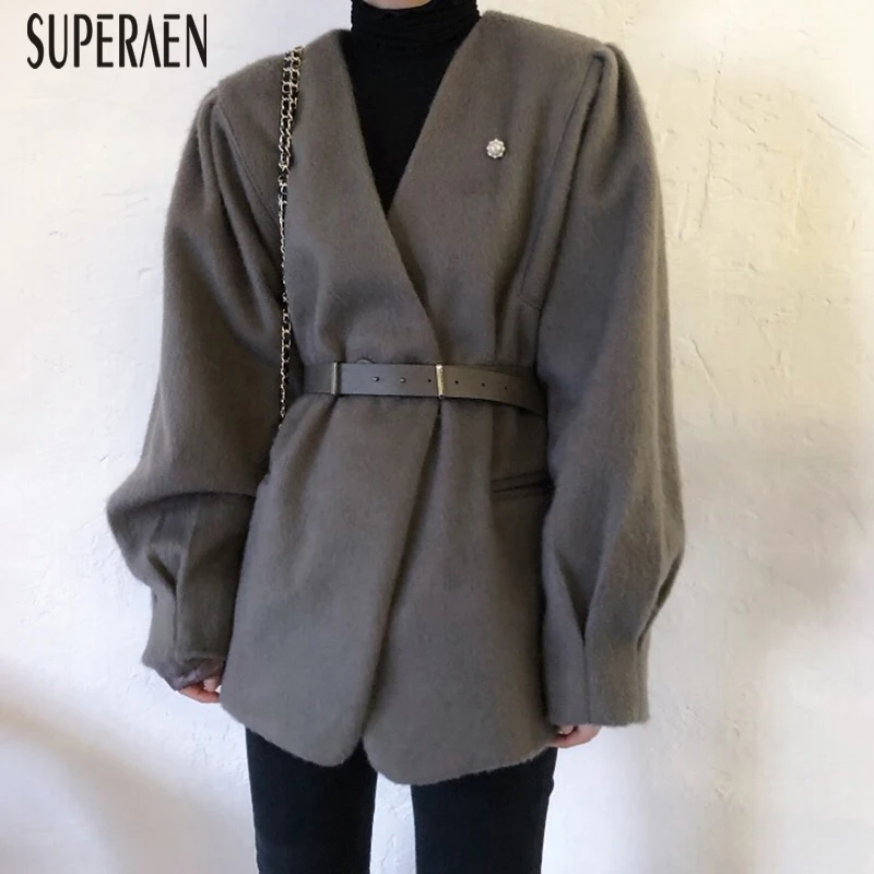 SuperAen, корейский стиль, шерстяная куртка для женщин, модная, дикая, повседневная, для девушек, куртки с v-образным вырезом, двубортная, одноцветная, зимняя Новинка