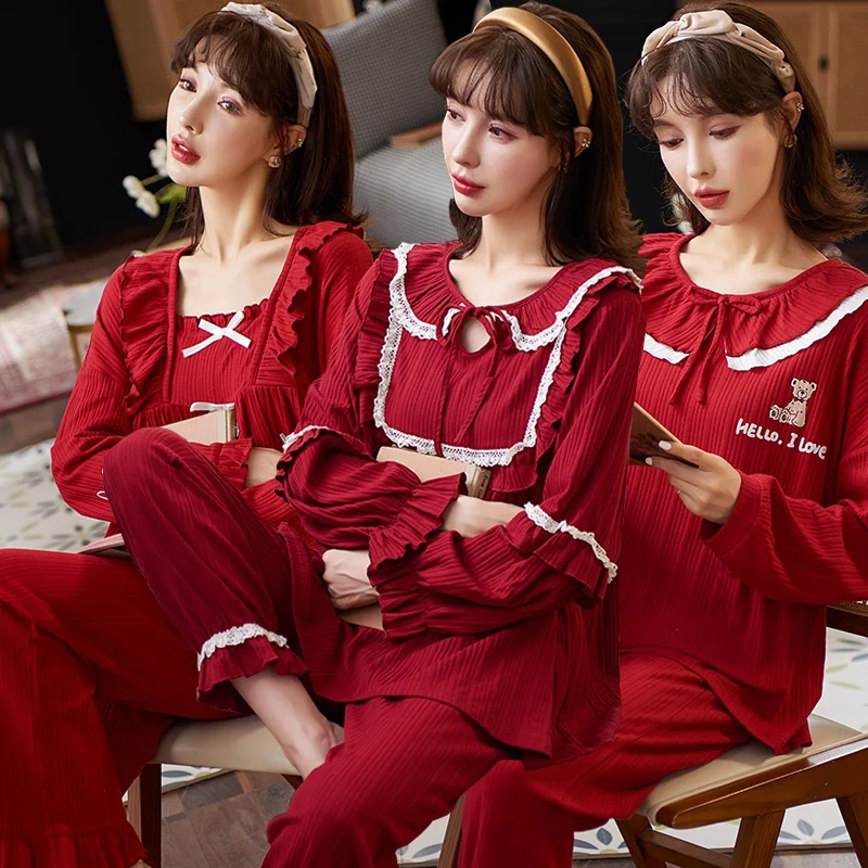 

2022 Spring Autumn Sweet Bow Princess Long Sleeve Cotton Pajama Sets for Women Sleepwear Suit Homewear Pijama Mujer Home Clothes