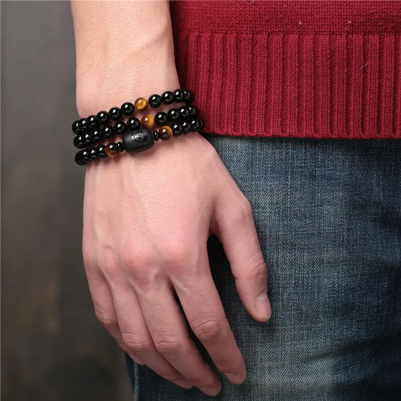 Women Buddha Beads Bracelets Black Obsidian Tiger Eye Stone 108 Round Bangels Gift for Men Fine Jewelry | Украшения и аксессуары