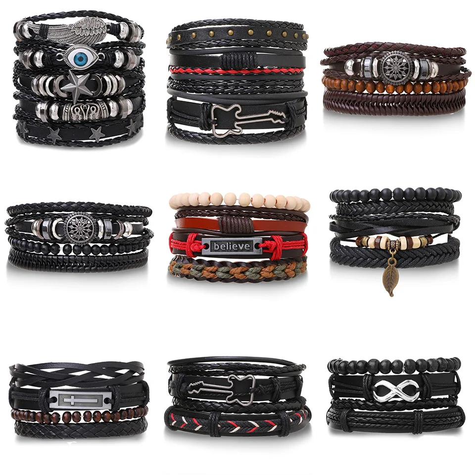 

Men Bracelets Vintage Multilayer Leather Braid Bracelets Bangles Guitar Leaves Stars Handmade Rope Wrap Bracelets Male Jewlery