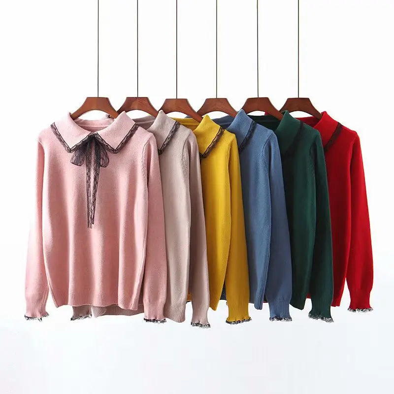 

Lace Lace-up Doll Collar Long-sleeved Sweater Female Long-sleeved Fashion Flower Edge Stitching Knitted Sweater Pullover Women