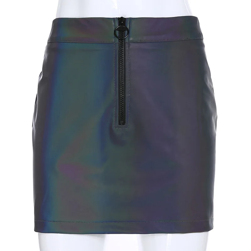Сексуальная Светоотражающая мини юбка на молнии облегающая с эластичной