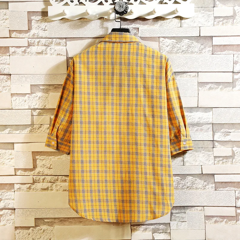 

New Fashion Mens Plaid Shirt Short Sleeve Slim Fit Shirt Kpop Clothes Harajuku Striped Cotton Shirts Tops with Front Pocket