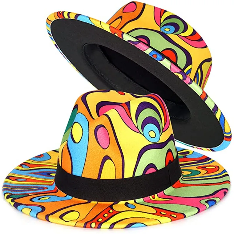Trendy Colorful Trendy Fedora Hat Wide Brim Felt Hat Dress Panama Two Tone Men Women Special Style with Black Chain