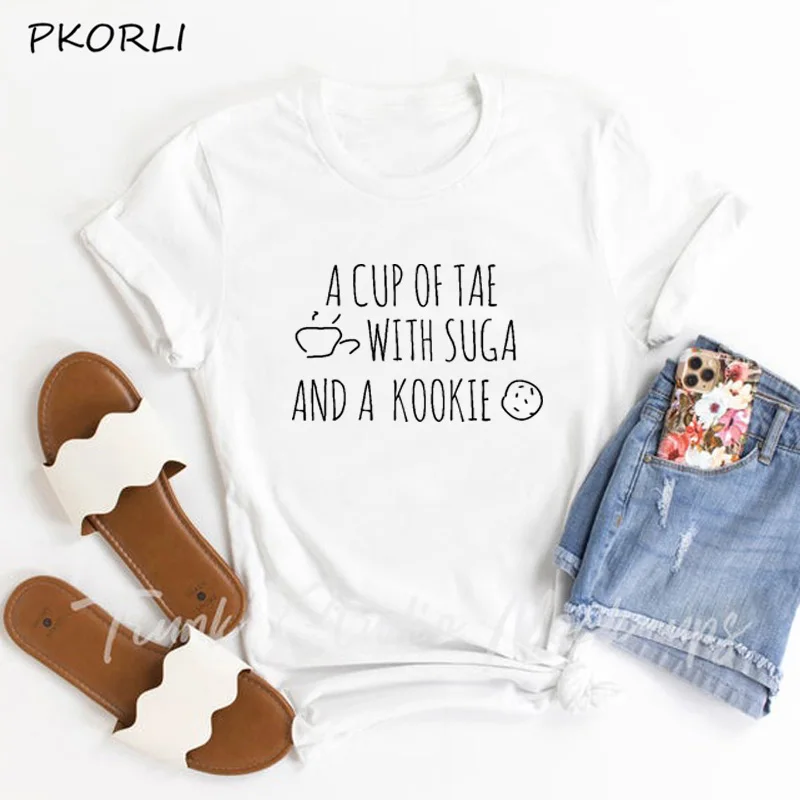 Футболка женская хлопковая в Корейском стиле майка с чашкой Tae Suga и Kookie