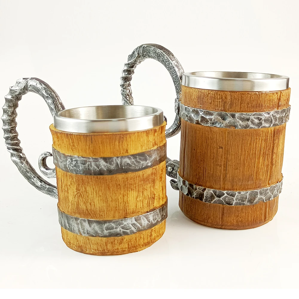 

Wood Imitation Barrel Resin Stainless Steel Beer Mug Tankard Stein Coffee Cup Viking Style Birthday Christmas Halloween Gift
