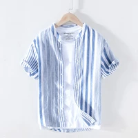 100 pure linen striped shirts for men short sleeve casual stand collar hemp shirts man summer fashion breathable tops