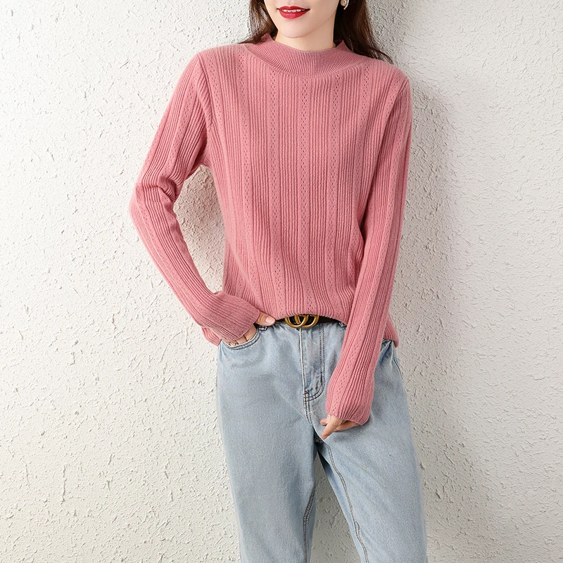 

Lafarvie High Quality Winter Wool Blends Sweater Women Tops Hollow Out Mock Neck Long Sleeve Casual Loose Pink Knit Jumper Femme