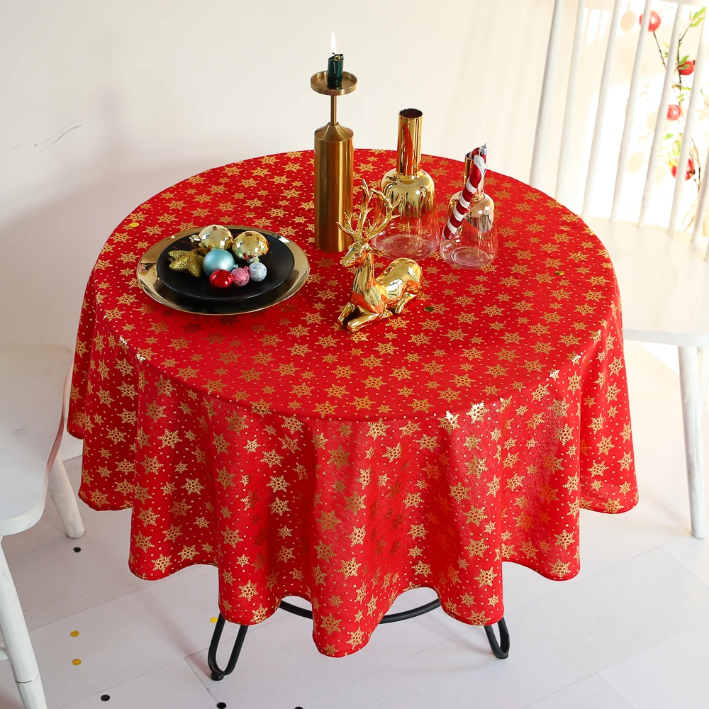 Скатерть из хлопка и льна с принтом в виде золотых снежинок|Скатерти| |