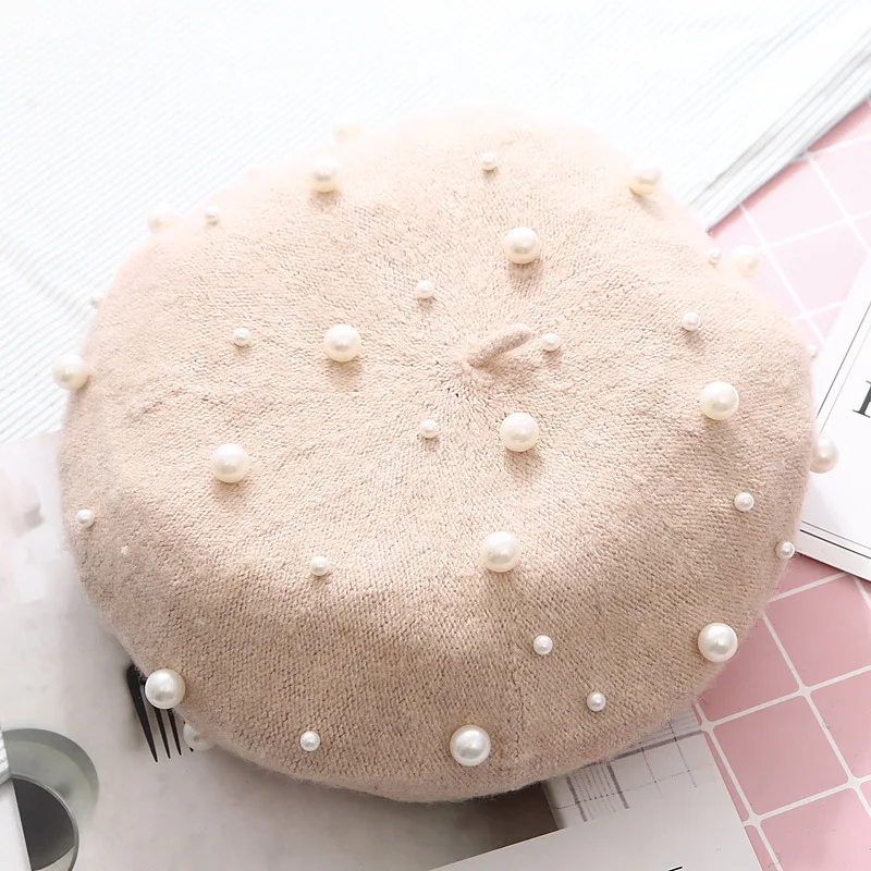 

Korean Style Elegant Pearls Retro Women Girls Hat Cap Fashion Warm Winter Beanie Plain Beret Hats Solid Color Lady Female Caps