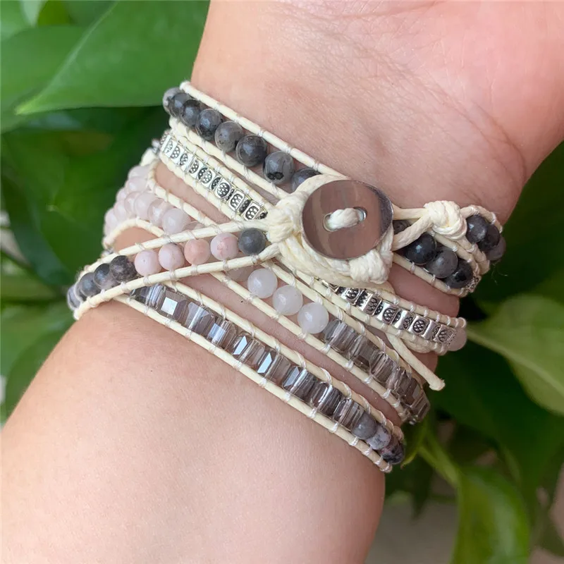 OAIITE New Fashion Apple Watch Band Black Spectrolite Stone Wrap Bracelets Wax Rope Bracelet Gift for Women Girl Friend Dropship