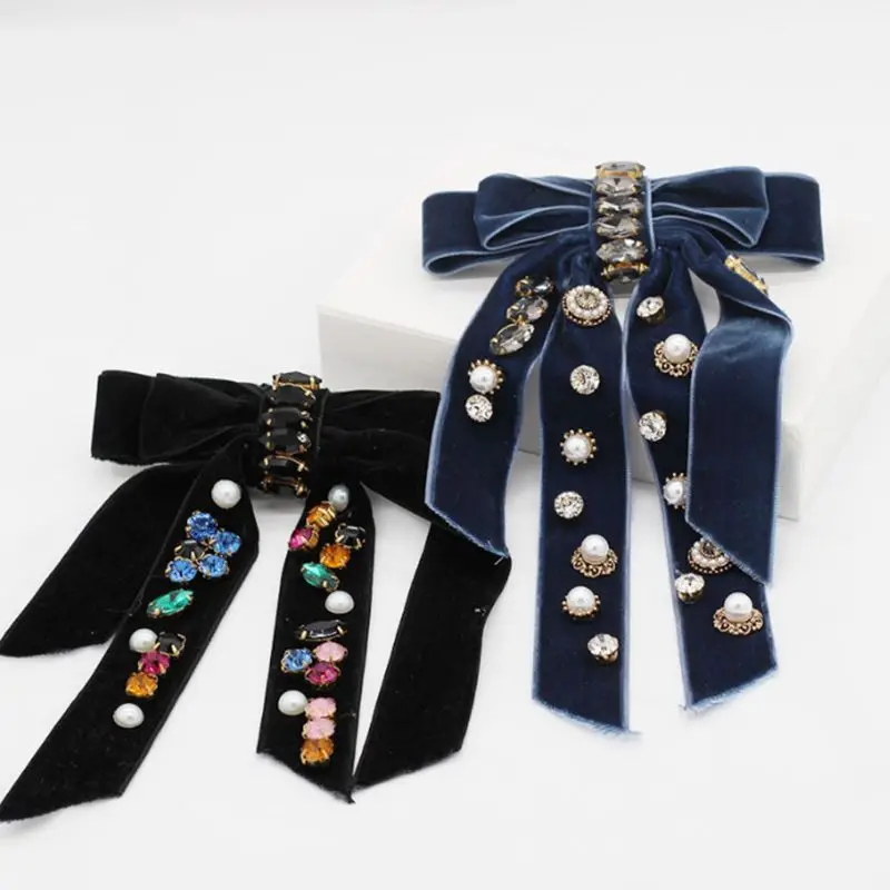Женские бархатные банты из ленты заколки с имитацией жемчуга украшенные бисером
