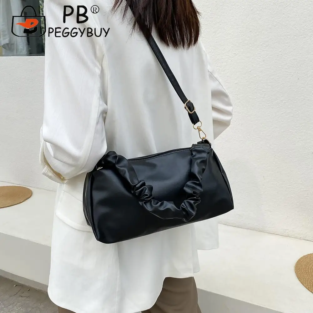 

Casual Pure Color Handbag Purse Retro Women Solid Color Pleated Shoulder Messenger Bag PU Leather Small Handbags