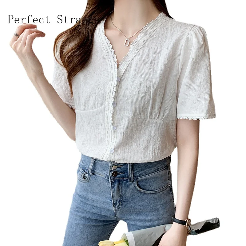 

2021 LeisureWomens Tops and Blouses Short Sleeve Shirts Women V Collar Chiffon Women's Blouse Vintage Top Female