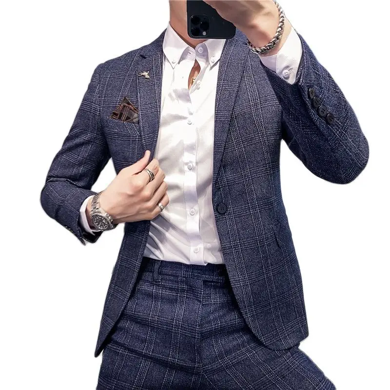 Костюм мужской из 3 предметов клетчатое платье приталенный дизайнерский Блейзер