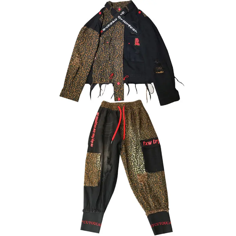 Leopard Print Patchwork Women Denim 2 Piece Set Fashion Jeans and Jacket Streetwear Womens Loose Jeans Coat