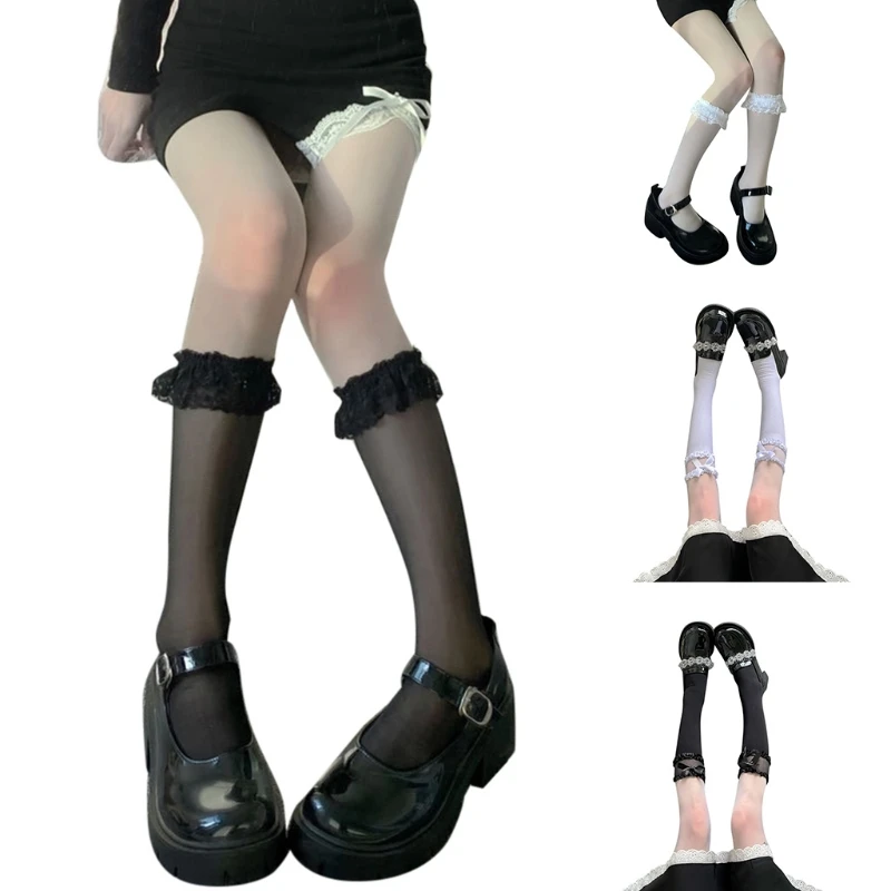 

Sweet Japanese Lolita Summer Silky Long Socks Ruffled Lace Bow Knot Harajuku Kawaii College Style Calf Length Stockings