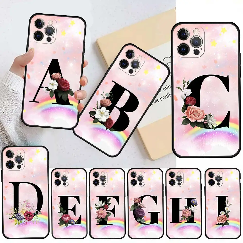 

Rainbow 26 Letters Pink A B Case For Apple iPhone 13 11 12 Pro 7 XR X XS Max 8 6 6S Plus 5 5S SE 2020 13Pro Black Phone Cover