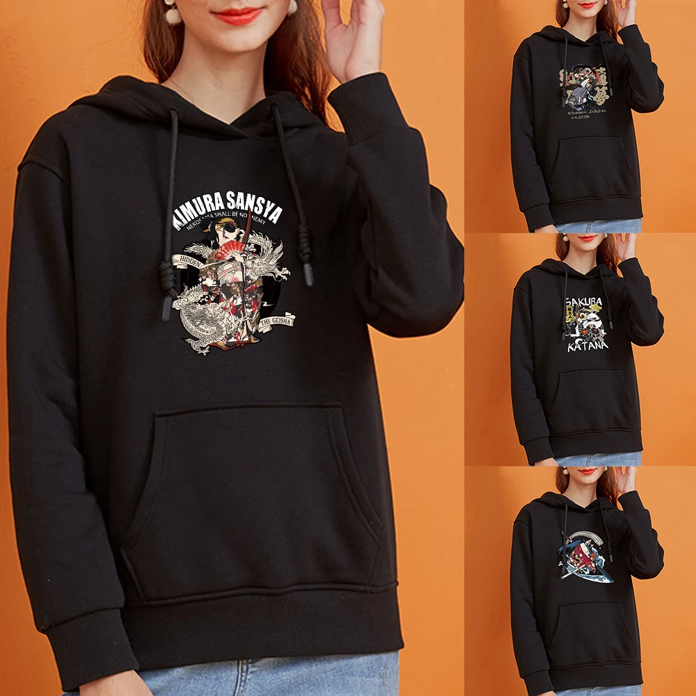 

Hoodie men's and women's autumn and winter polyester-cotton personality samurai print pattern long-sleeved jacket couples