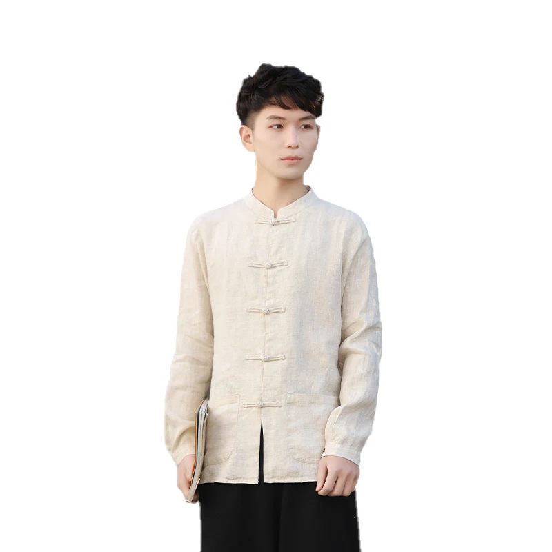 

Autumn 2021 casual pure linseed cotton shirt men's summer retro collared tie shirt fashion simple loose long-sleeved shirt