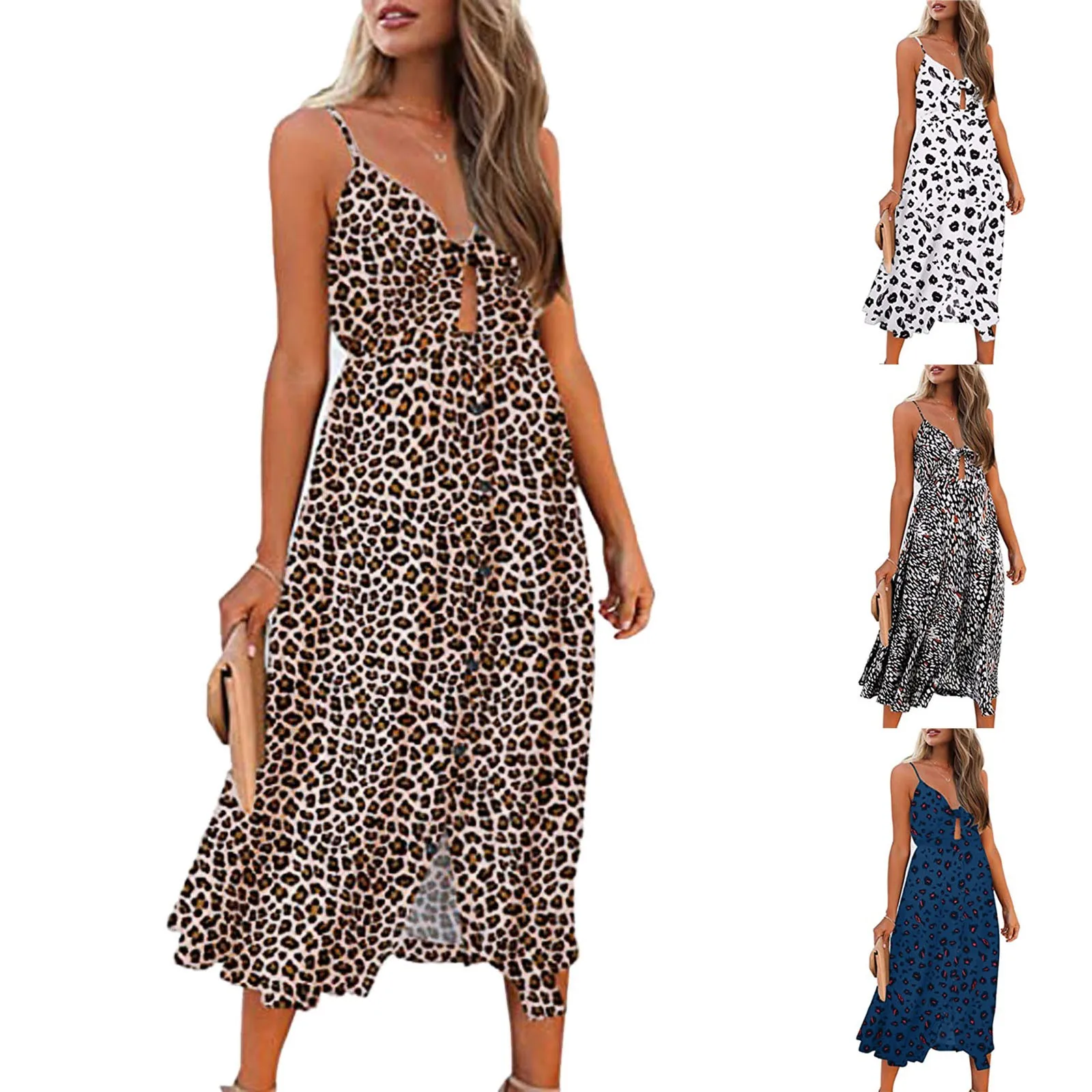 

Женское леопардовое платье-макси на тонких бретельках, с V-образным вырезом и завязками спереди