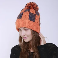 new arrive autumn winter women hand woven matching color plaid twist design rough big wool ball knitted thicken warm beanie hat