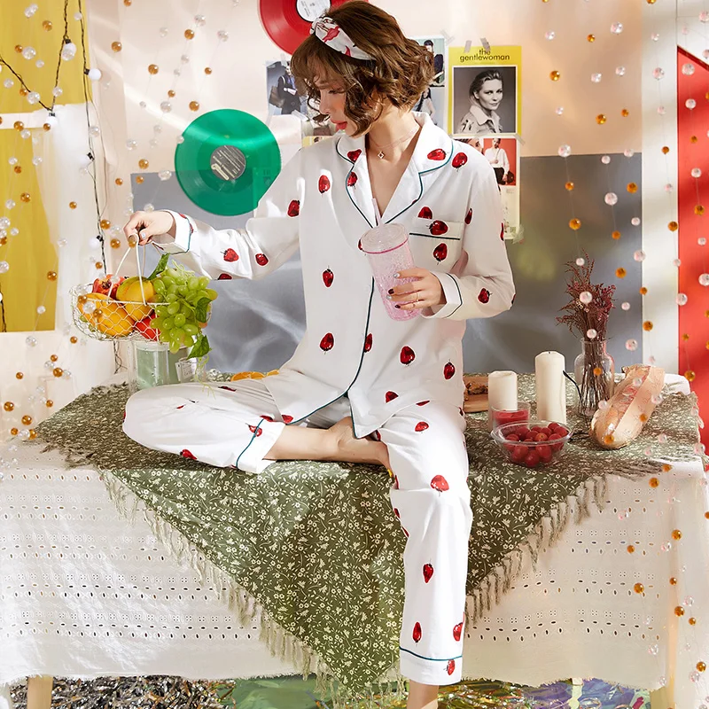 Весенне-осенняя Хлопковая пижама с клубничкой и штаны длинным рукавом милый