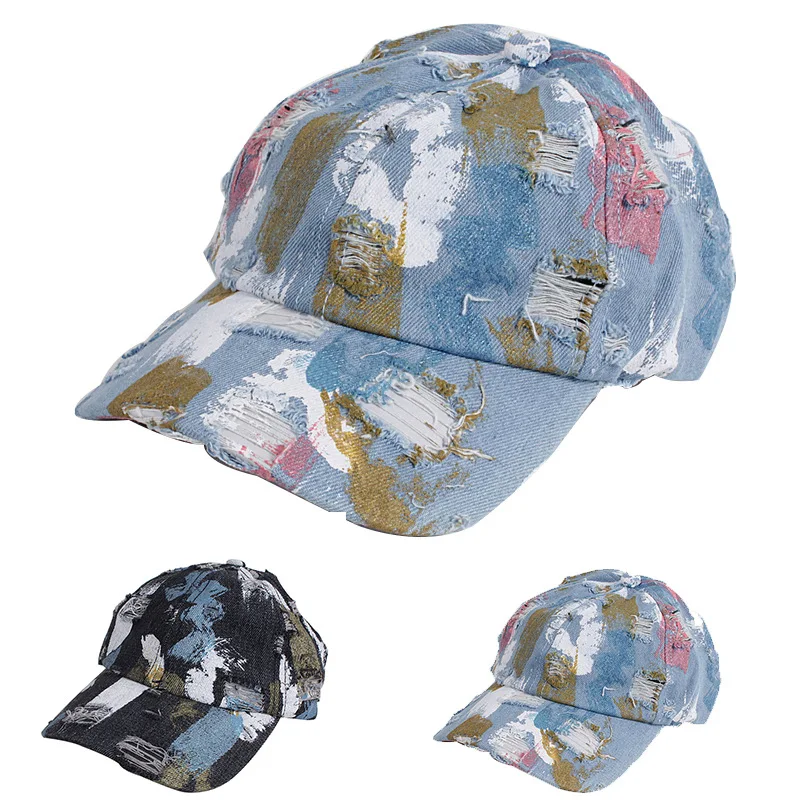 

Geebro Hip Hop Hollow Camouflage Graffiti Denim Baseball Cap Men Outdoor Sport Hat Distressed Wearing Fitted Hat Unisex Headdres