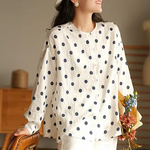 

Blouse Women Shirt Women's 2021 Summer Polka Dot Shirt Long Sleeve Loose Top Blusas Mujer De Moda