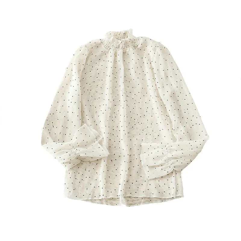 Women Blouse Shirt HISUMA женский весенне-летний сетчатый пуловер с расклешенными рукавами в горошек, Базовая рубашка, Повседневная шифоновая блузка с оборками и вуалью, топы - Цвет: Women Blouse Shirt