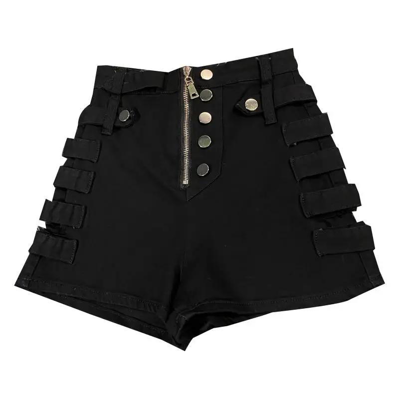 

Chimavvi 2021 Summer New Black High Waist Denim Shorts for Women Side Hollow Bandage High Street Elastic Straight Pants