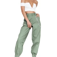 60hot women solid color loose elastic pocket cargo pants%c2%a0harem trousers%c2%a0with chain