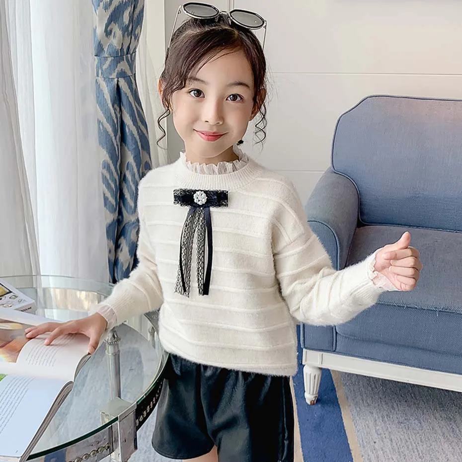 Свитер для девочек толстый теплый свитер-пуловер модный свитер с кружевным