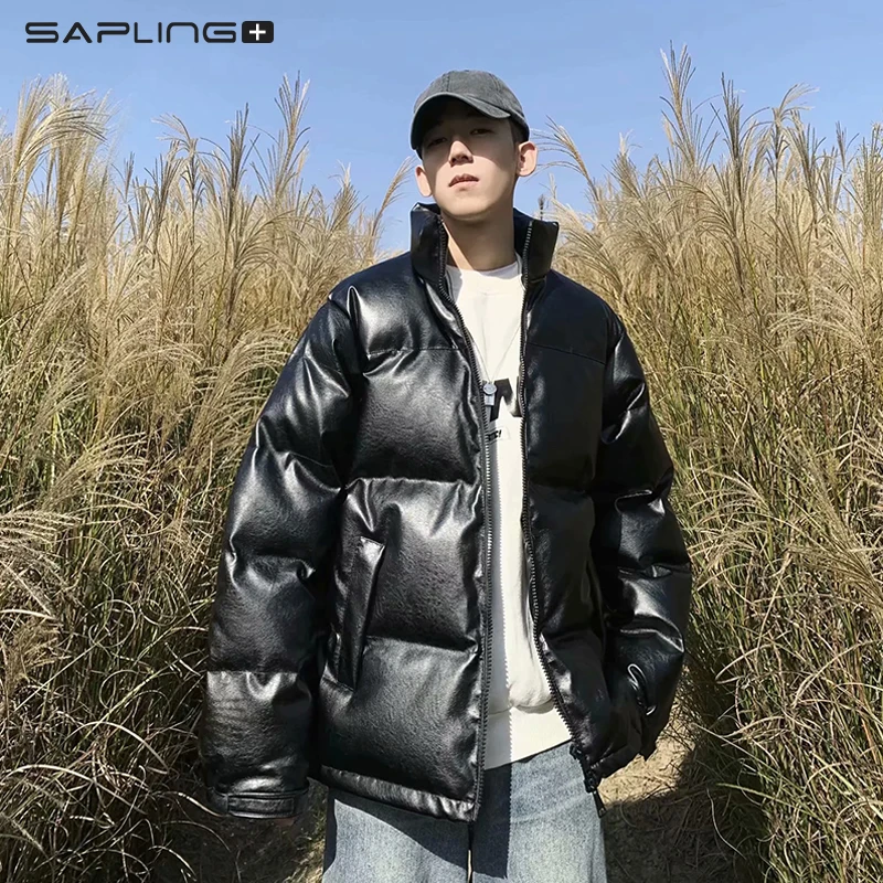 

Winter Parkas Male Warm PU Leather Down Jacket Men's Cotton Clothing Korean Short Bread Clothing Cotton Parka Stand Collar Loose