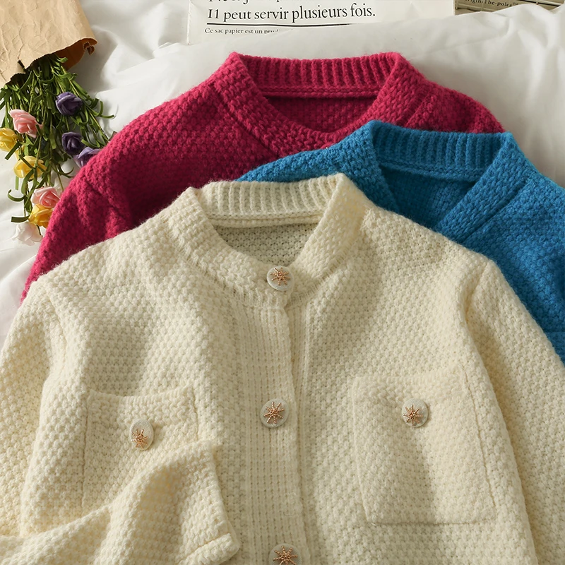 

Свитер, осень 2021, однотонный Универсальный однобортный Кардиган, топ в Корейском стиле, облегающая трикотажная одежда с длинными рукавами