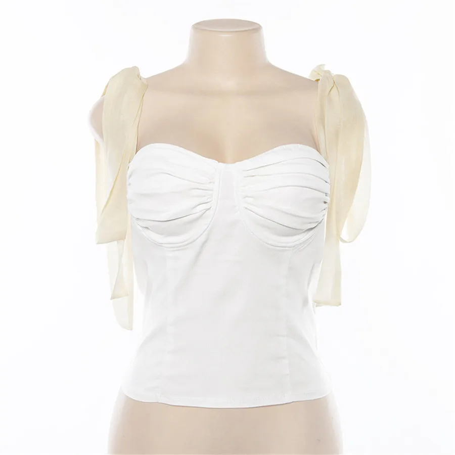 Женский топ с открытыми плечами DEAT на бретельках бантом весна-лето 2020 | Женская