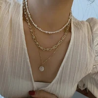 timeonly french three layered freshwater pearl necklaces gold color linked chain chokers necklace for women minimalist jewelry