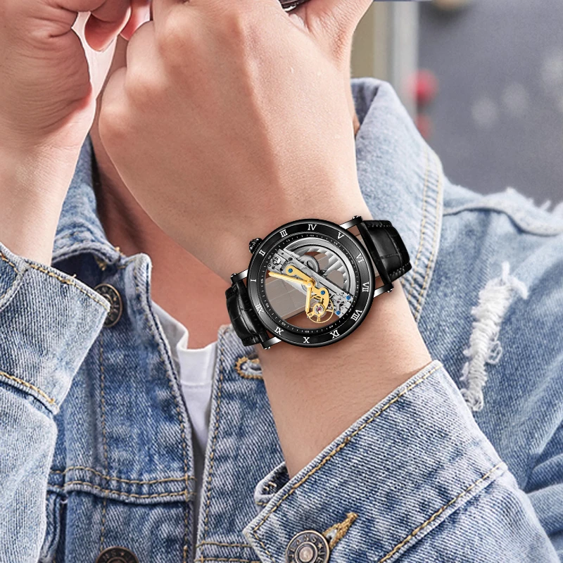 Forsining Double Side Transparent Automatic Men Watch Top Brand Luxury Skeleton Black Leather Wristwatch Relogio Masculino | Наручные