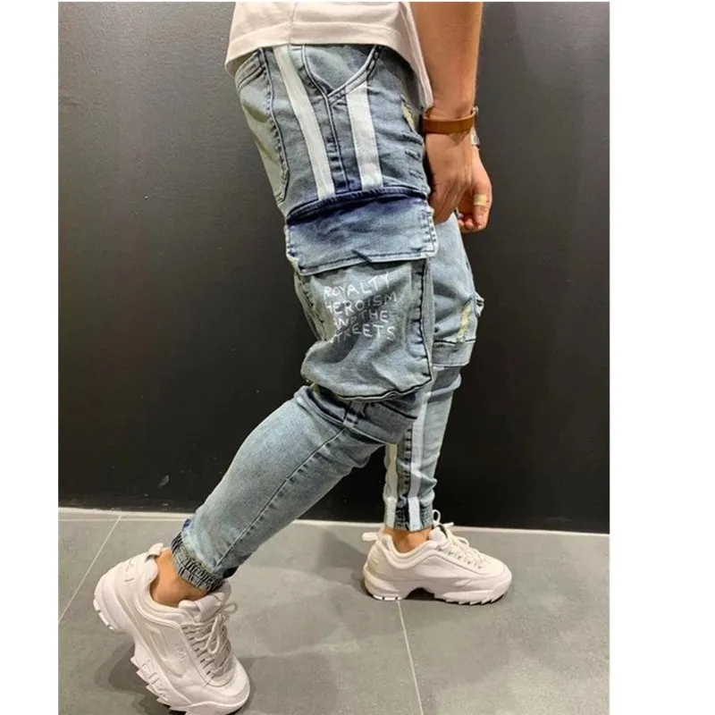 

2021 Ripped Pencil Pants Men Skinny Denim Biker SideThree-dimensional side bags Striped Jeans Hip Hop Slim Fit Man Scratched
