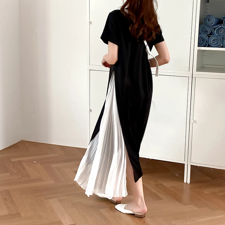 

COIGARSAM Korea Style Women dress Summer Pleated Dresses Blue Black 0192