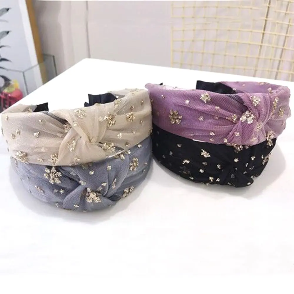 

Bohemian Fashion Girl Hair Accessorie Hairband for Women Elegant Headwears Mesh Yarn Headband Gold Sequin Hair Hoop Knotted Wide