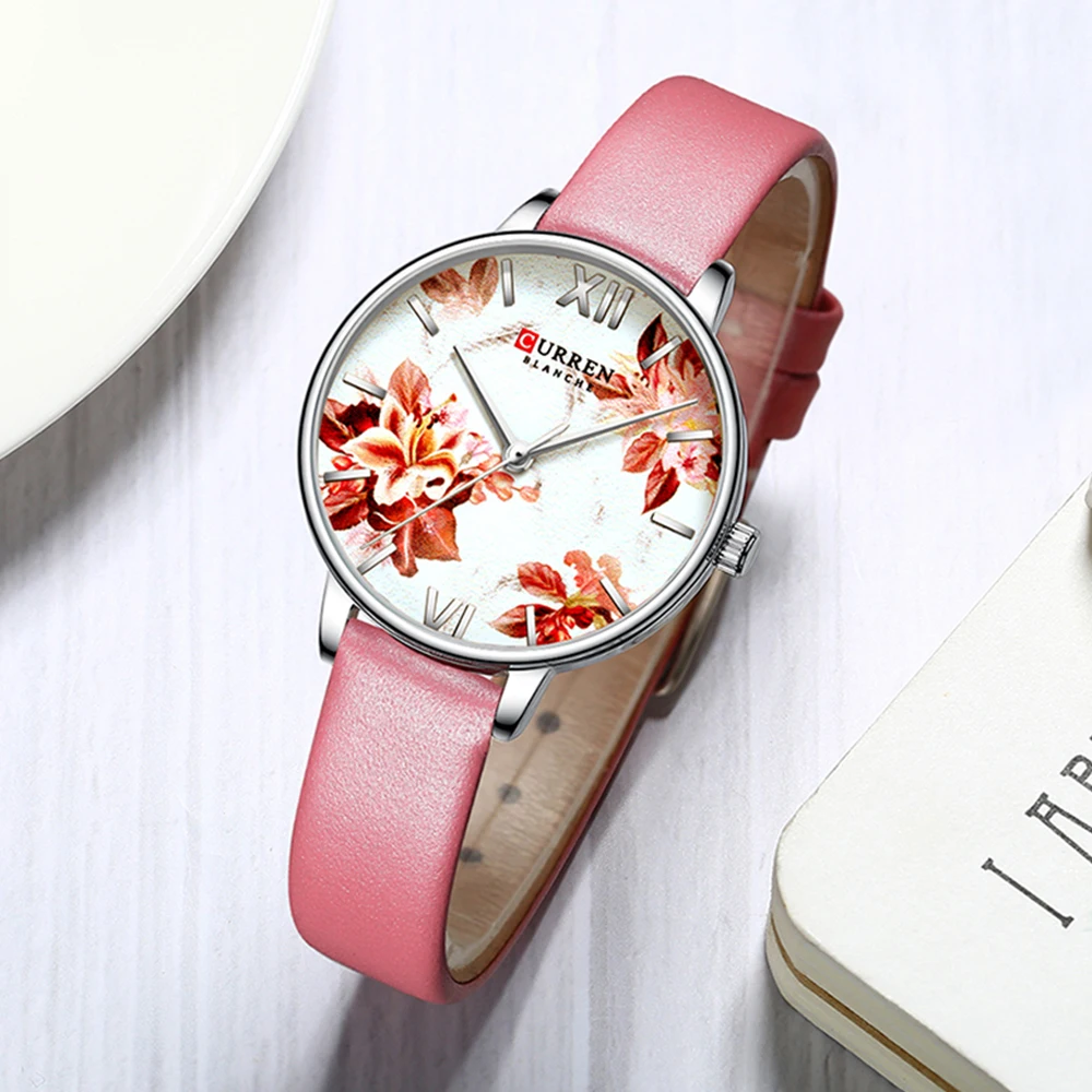 

CURREN Beautiful Flower Design Watches Women Fashion Casual Leather Wristwatch Ladies Watch Female Clock Women's Quartz Watch