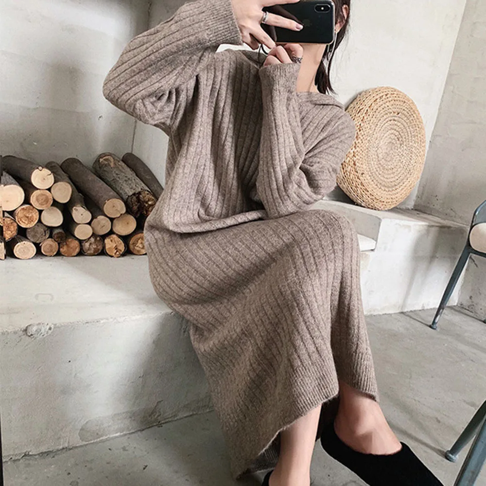 Autumn And Winter Dress New Women's Lazy Style Hooded Loose Knit Stretch Was Thinner Long Sweater Thicken Stripe Dresses | Женская